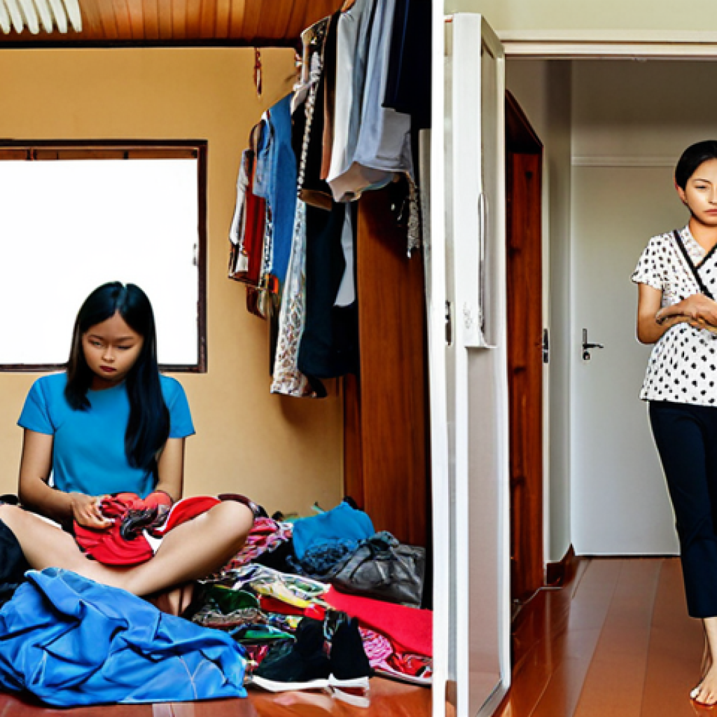 **Prompt:** A powerful split image contrasting two realities of a Thai woman's life. On the left, she is overwhelmed in a cluttered, consumer-driven modern Thai home, surrounded by piles of unused clothes, gadgets, and shopping bags, with a look of stress and an empty wallet. On the right, the same woman stands serenely in a spacious, beautifully organized minimalist Thai-style living space, radiating peace and financial freedom, perhaps holding a simple, meaningful item or looking at a well-managed budget. The mood should be one of stark contrast, from chaos and burden to tranquility and liberation.
