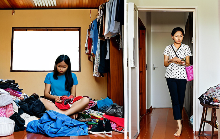 **Prompt:** A powerful split image contrasting two realities of a Thai woman's life. On the left, she is overwhelmed in a cluttered, consumer-driven modern Thai home, surrounded by piles of unused clothes, gadgets, and shopping bags, with a look of stress and an empty wallet. On the right, the same woman stands serenely in a spacious, beautifully organized minimalist Thai-style living space, radiating peace and financial freedom, perhaps holding a simple, meaningful item or looking at a well-managed budget. The mood should be one of stark contrast, from chaos and burden to tranquility and liberation.