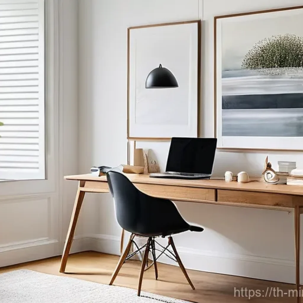 미니멀리즘 경제학과 지속 가능한 소비 - **A Serene Minimalist Home Office:** A bright, clean home office bathed in soft, natural morning lig...