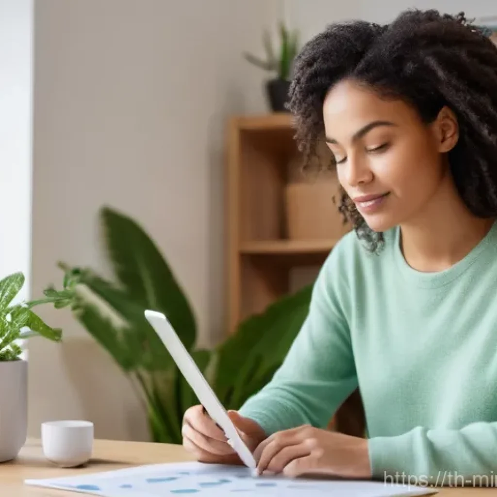 미니멀리즘 경제학의 원칙을 따른 투자자 - A young adult, possibly a woman, in her late 20s or early 30s, sitting comfortably in a bright, mini...