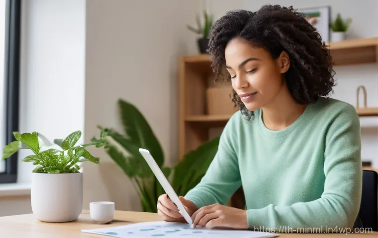 미니멀리즘 경제학의 원칙을 따른 투자자 - A young adult, possibly a woman, in her late 20s or early 30s, sitting comfortably in a bright, mini...