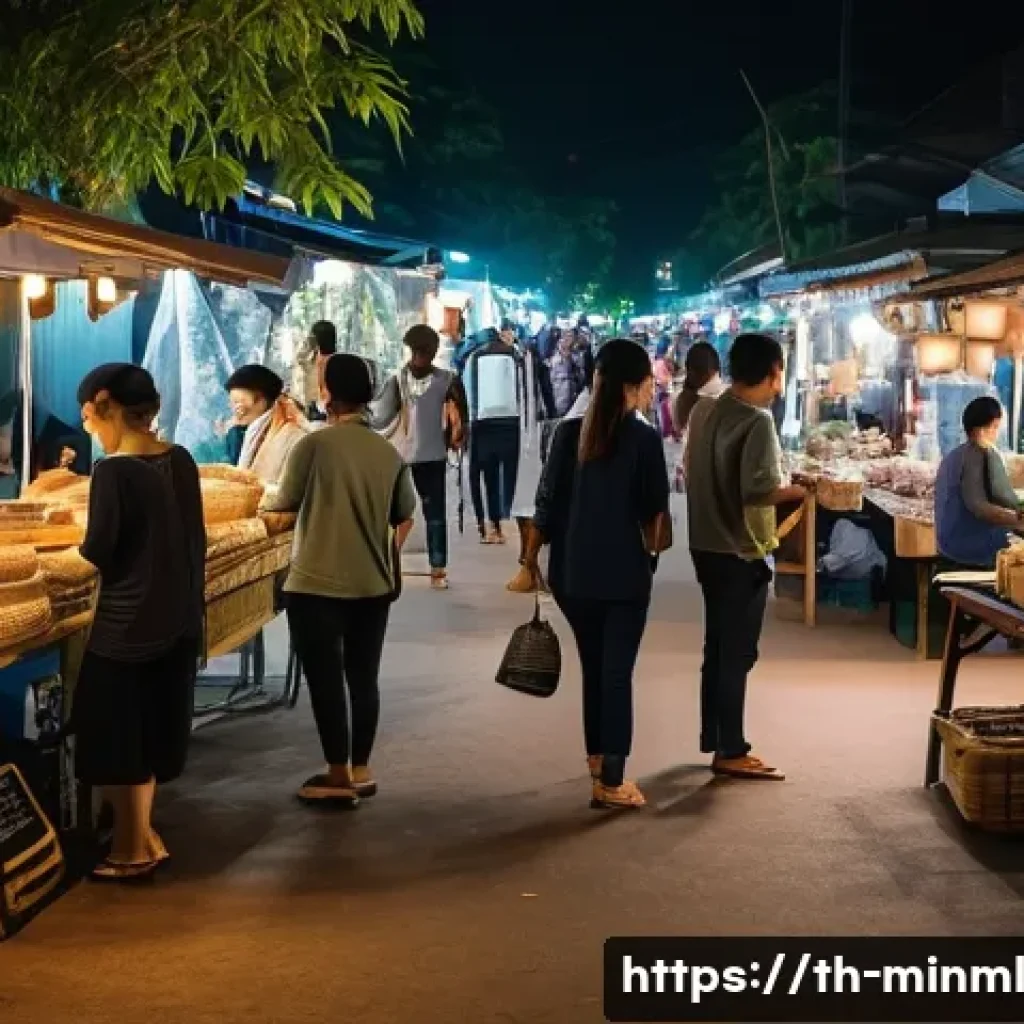 미니멀리즘 경제학의 글로벌 사례 분석 - A vibrant night market scene in Chiang Mai focused on minimalism and sustainability, featuring small...