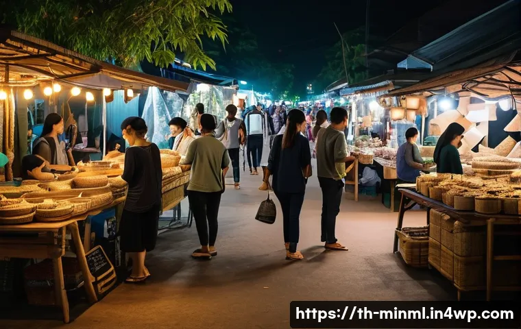 미니멀리즘 경제학의 글로벌 사례 분석 - A vibrant night market scene in Chiang Mai focused on minimalism and sustainability, featuring small...