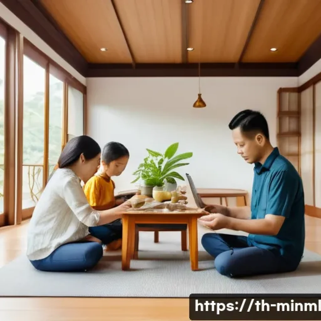 미니멀리즘 경제학의 주요 이론가 소개 - A peaceful Thai family practicing minimalist economics in their modern home: a middle-aged couple an...