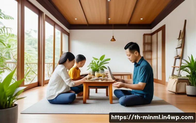미니멀리즘 경제학의 주요 이론가 소개 - A peaceful Thai family practicing minimalist economics in their modern home: a middle-aged couple an...