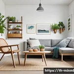 미니멀리즘 경제학과 경제적 가치의 재정의 - A modern minimalist home interior emphasizing sustainable living: clean, bright room with natural li...