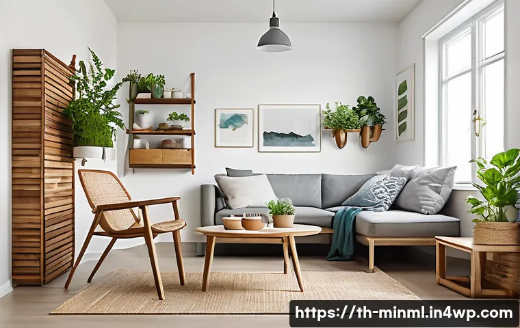 미니멀리즘 경제학과 경제적 가치의 재정의 - A modern minimalist home interior emphasizing sustainable living: clean, bright room with natural li...