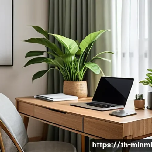 미니멀리즘 경제에서의 자산 관리 전략 - A serene modern minimalist home office scene in a Thai apartment, featuring a sleek wooden desk with...