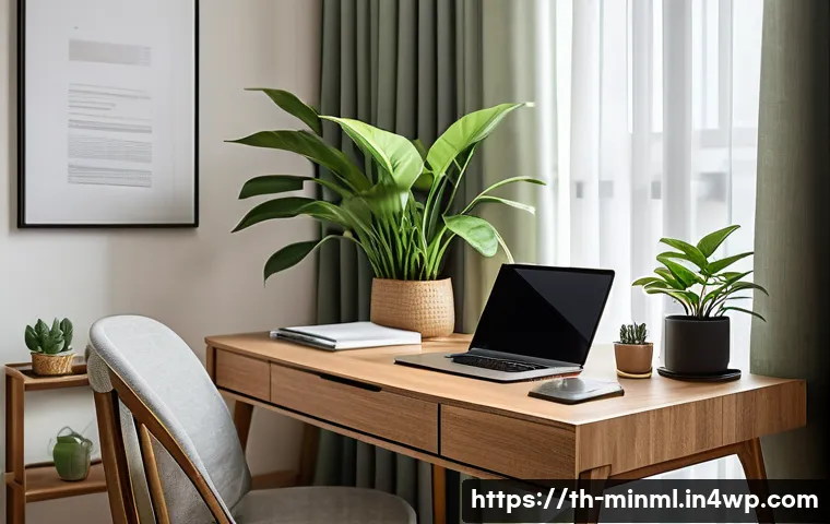 미니멀리즘 경제에서의 자산 관리 전략 - A serene modern minimalist home office scene in a Thai apartment, featuring a sleek wooden desk with...
