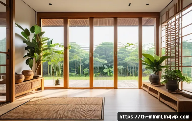 미니멀리즘 경제학과 지구촌 문제 - A cozy minimalist Thai home interior featuring natural light streaming through large windows, simple...