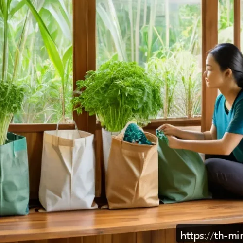 미니멀리즘 경제학과 세계관의 변화 - A cozy, modern Thai household kitchen scene focused on sustainability and minimalism: eco-friendly r...