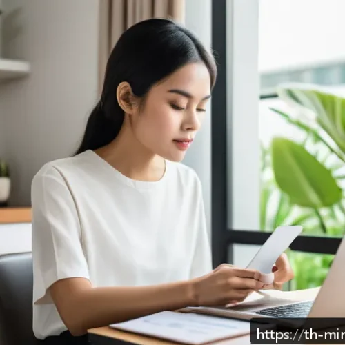 Home 30 미니멀리즘 경제학의 실천적 적용 - A cozy home office scene in a modern Thai apartment, featuring a young adult Thai woman carefully tr...