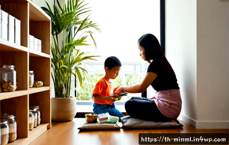 Home 17 미니멀리즘 경제학과 사회적 가치 - Photorealistic minimalist Bangkok apartment interior, a Thai family of three calmly sorting a few es...
